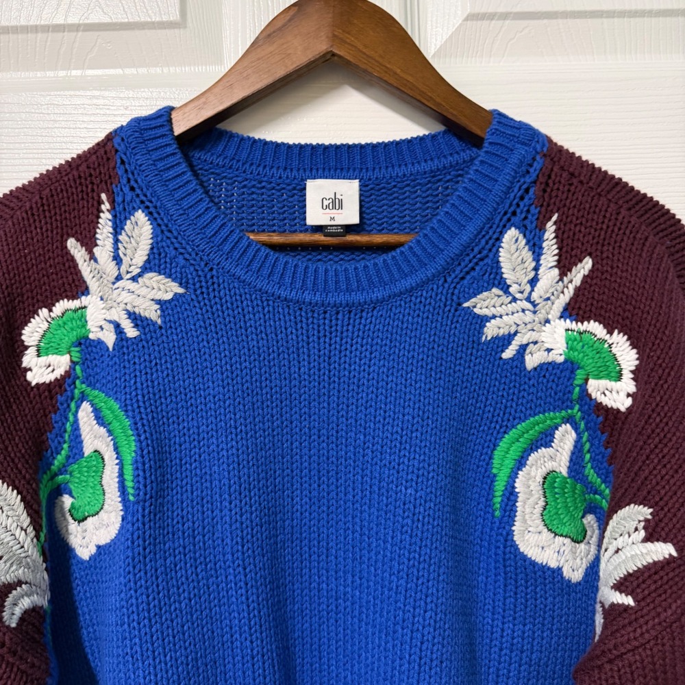 Cabi Sweater Women M Vineyard Floral Embroidered Colorblock Crew Neck Knit 4859 - Picture 4 of 13